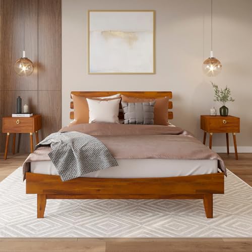 Bme Caden 15 Inch Deluxe Bed Frame with Adjustable Headboard - Mid Century, Retro Style with Acacia Wood - No Box Spring Needed - 12 Strong Wood Slat Support - Easy Assembly - Caramel, Queen by Bme - Used condition - US$216.70
