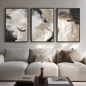 Large Framed Neutral Abstract Wall Art for Living Room, 3 Piece Modern Canvas Prints Paintings Artwork for Walls, Black Beige Brown Neutral Tone Pictures for Hallway Bedroom Office Wall Decor 24×36 In