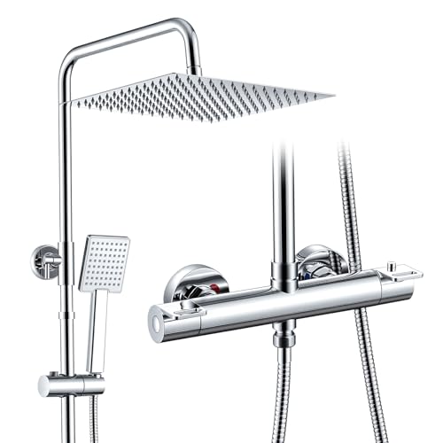 DelnVior Duschsystem mit Thermostat Edelstahl Regendusche 12 Quadratische Regenbrause Handbrause eine Strahlart Duscharmatur Komplettset Höhenverstellbar mit Anti-Verbrühungsschutz Wassersparend
