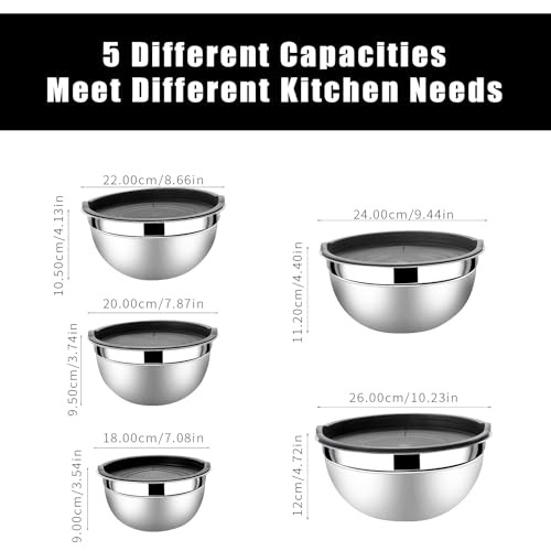 Lazycorner Mixing Bowls with Airtight Lids Set 5 Pcs Stainless Steel Bowls Set Baking Set Non-Slip Silicone Bottoms Great for Serving & Baking by Lazycorner - Image 2