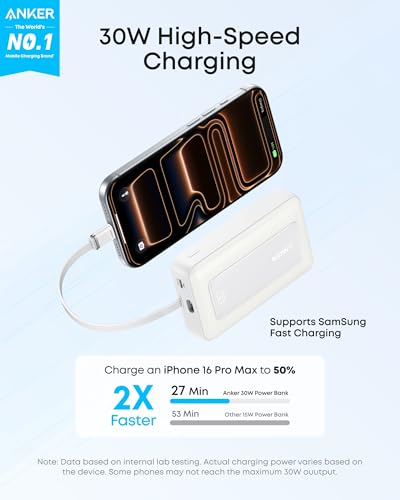 Powerbank Anker Zolo, 10 000 mAh 30 W, szybka przenośna ładowarka z wbudowanym kablem USB-C, akumulator do szybkiego ładowania dla serii iPhone 16, Galaxy, iPad i innych (biały)
