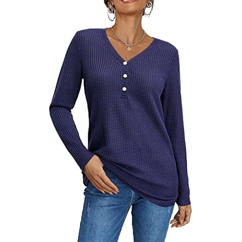 OUGES Women's Waffle Knit Long Sleeve V Neck Tops Henley Button Loose Casual Autumn Ladies Shirts(Navy381,M) Cover