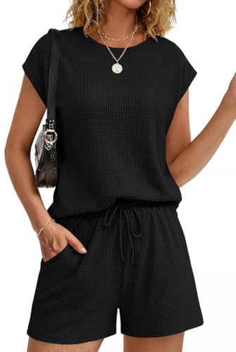 OLIPHEE Survêtement Femme Ensemble Femme Chic et Elegant Waffle 2 Pièces Haut Manches Courtes et Short Ensemble Sport Femmes Decontracté Vacance Travail Plage Été A-Noir S (s)