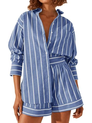 Tankaneo Womens 2 Piece Outfits Striped Long Sleeve Button Down Collared Shirt Matching Shorts Sets