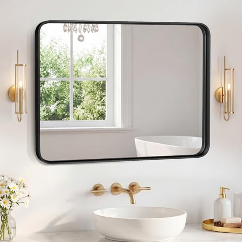 Image of Sweetcrispy Bathroom Mirror 40x32 Inch Metal Framed Rounded Rectangle Vanity Mirror for Wall, Over Sink, Farmhouse, Restroom, Anti-Rust, Modern Decorative, Horizontal or Vertical Hanging, Black