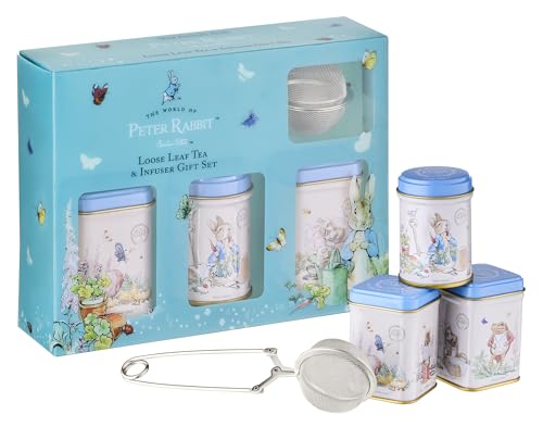 New English Teas Loose Leaf Tea & Infuser Gift Set – 3 Peter Rabbit Tins with Breakfast, Earl Grey & Afternoon Blends with Loose Tea Infuser