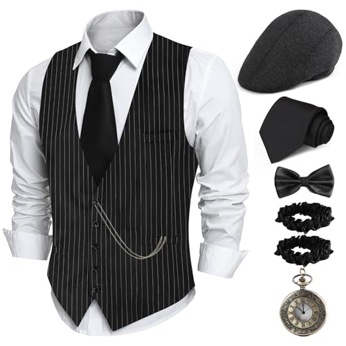 PARTTELY 1920s Mens Costume,Roaring 20s Costumes for Men,1920S Mens Outfit Accessories with Vest Hat Pocket Watch Tie Armband
