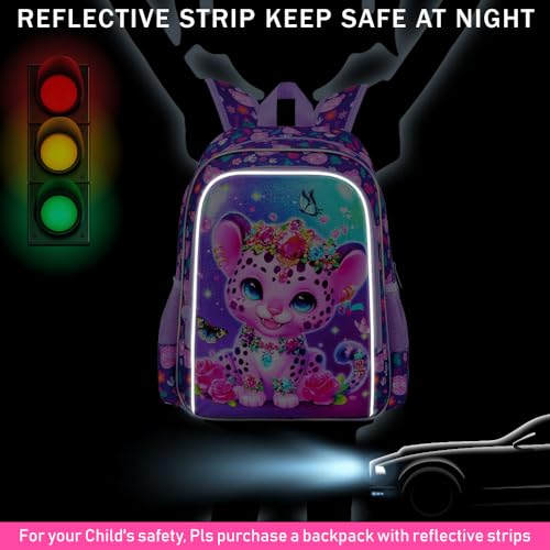 Image of 3Pcs Girls Backpack, 16 inch Kids Bookbag with Lunch Box，Leopard School Backpacks for Elementary Preschool Kindergarten (Purple)