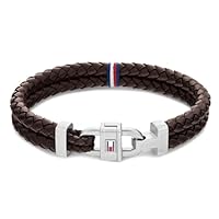 Tommy Hilfiger Men's Stainless Steel and Leather Carabiner 2790363 Bracelet, BROWN, One Size
