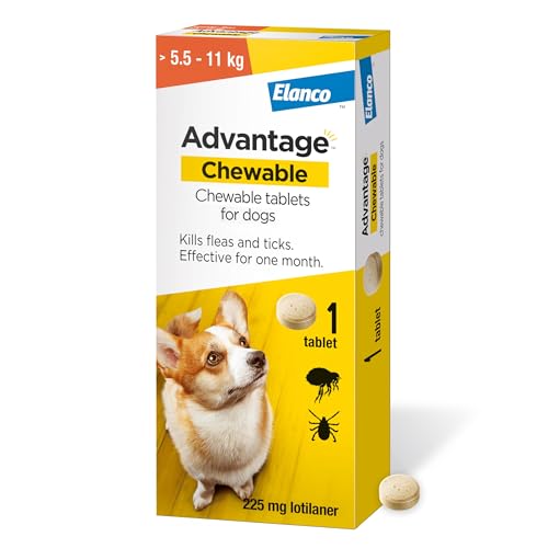 Advantage Chewable 225mg Chewable Tablets for Dogs >5.5-11kg (1 pack) Flea and Tick Treatment Fast Acting Kills Fleas Within Hours Prevention Lasts For A Month Easy To Administer