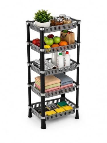 Image of KITCHIVO Multipurpose Storage Organizer Slim Rack Shelf with Wheels for Living Room, Office, Bedroom, Bathroom, Kids Room, Kitchen Trolley (Grey, 5 Layer)