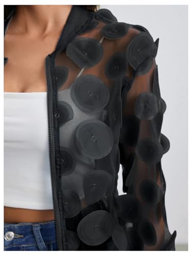 Floerns Women's Sheer Mesh Zip Up Bomber Jacket Long Sleeve Baseball Collar Outwear Tops3