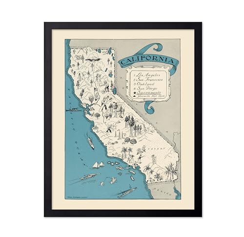 Poster Master California Travel Poster - Aqua Turquoise Vinateg Map Print - Unique Wall Decor Gift for Home, Living Room, Kitchen, Bedroom, Bathroom - California Souvenirs, 16x20 Black Framed