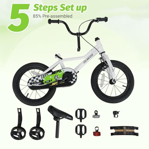 Olakids Kids Bike, 12 14 16 18 Inch Racing Car Themed Toddlers Bike with Training Wheels Adjustable Seat and Handlebar Coaster Brake and Handbrake, Children's Bicycle for Boys Girls (12 Inch, White)