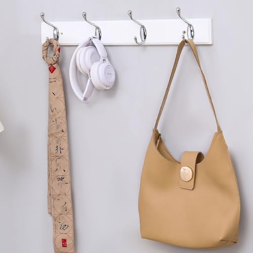 Image of ARTAWEIN Wall Mounted Coat Rack, 4 Heavy Duty Satin Nickel Hooks on White Solid Bamboo Board, 68.5cm Large Clothes Rail Hanger for Coats, Jackets, Towels, Bags, Robes - Includes All Mounting Hardware