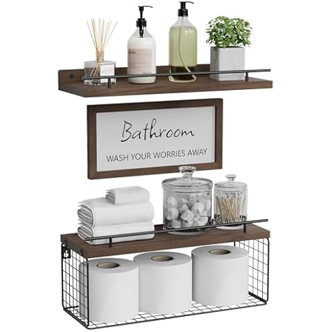 WOPITUES Floating Shelves for Bathroom Wall Decor Sign, Bathroom Organizers and Storage, Bathroom Shelves Over Toilet with Metal Guardrail-Rustic Brown Cover