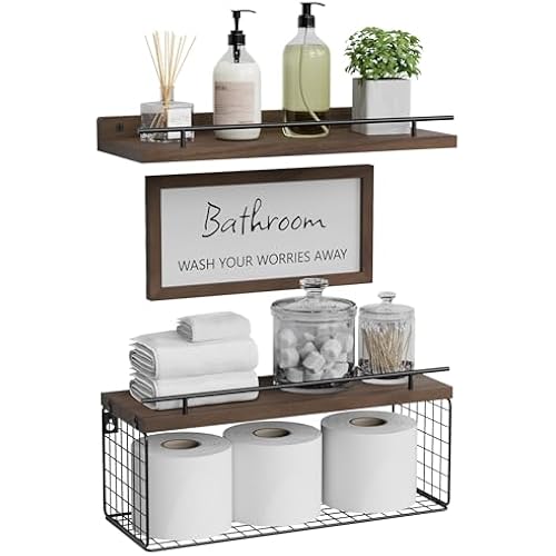 WOPITUES Floating Shelves for Bathroom Decor Art, Rustic Brown