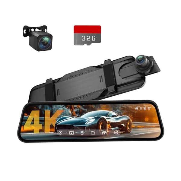 4K Rear View Mirror Camera, 10” Mirror Dash Cam with 1080P Rear Camera, Dash Cam Front and Rear for Car with Voice Control, 24H Parking Mode, Night Vision, 32GB SD Card Included