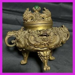 Amazon.co.jp: 三つ足天然石持ち龍獅子香炉繊細中国美術大明宣徳 