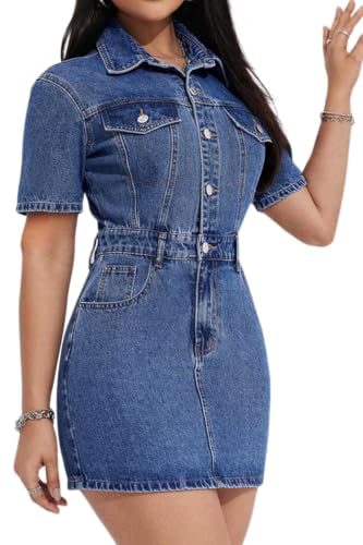Lachmose Denim Dress for Women Bodycon Short Sleeve Button Down