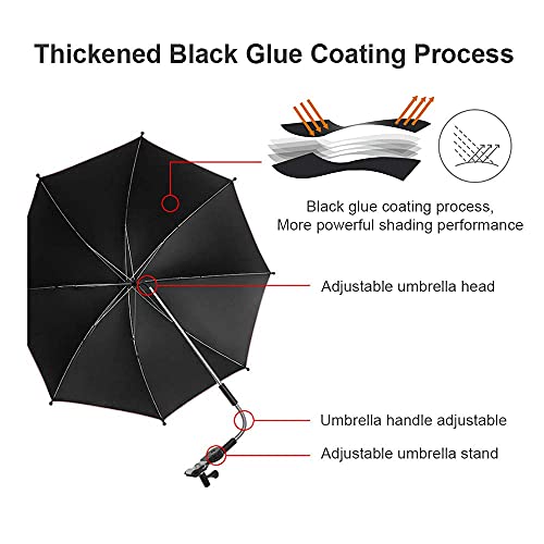 Baby Strollers Umbrella, Waterproof UV Protection Baby Pram Sun Umbrella Canopy Sun Rain Umbrella Parasol with Clip Clamp Strollers Accessories，Suitable for Beach Chairs, Baby Strollers (Black) - Thumbnail 2