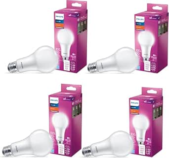 PHILIPS LED 100-60-40W A21 4-Pack 3-Way Soft White (2700K) 1600-800-450 Lumen (14-8-5W = 100-60-40W) Frosted Flicker-Free Light Bulbs