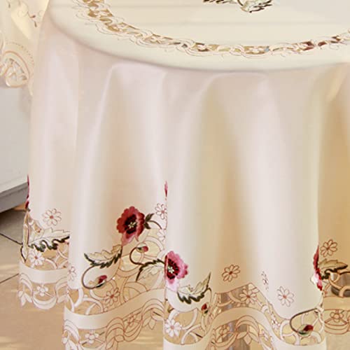Lelehome 68" Round Rufous Flower Embroidered Lace Cream Beige Tablecloth, Vintage Classic Dining Table Cloth Wrinkle Free Table Cover #TOP1