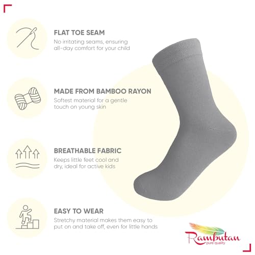 Rambutan Kids (3 Pack) Comfort Seam Plain Color Rayon derived from Bamboo School Socks (S, Gray) - Thumbnail 2