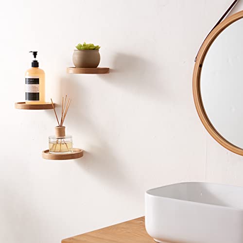 Round Floating Shelves, 3 Pack Solid Oak Deep Floating Shelves For Wall 6'' Diameter Circle Small Plant Shelves Wall Decorfor Bedroom, Living Room, Kitchen #TOP6