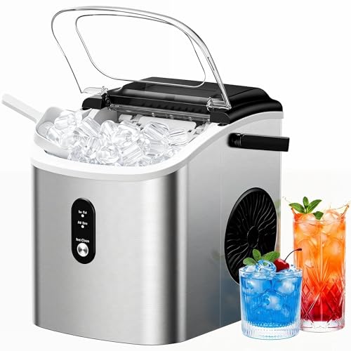 EUHOMY Ice Maker Countertop with Handle 9 Cubes in 6 Mins 12Kg/Day Auto-Cleaning Portable Ice Maker Machine with Ice Scoop & Basket & Clear View for Home/Kitchen/Party/Office(Silver)
