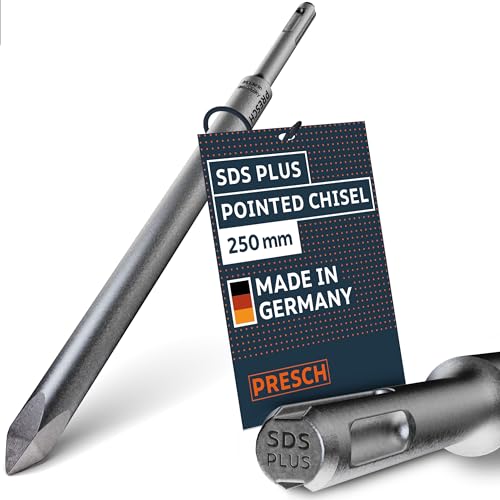 Presch SDS-Plus Pointed Chisel - Extremely Robust, Durable tip - for All Breakthrough Work (250 mm Length) - Rotary Hammer Chisel Made of high-Performance Steel for Powerful impacts