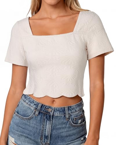 Short Sleeve Shirts for Women | Slim Fit Breathable Summer Tops | Y2K Style Workout Clothes with Square Neck Beige