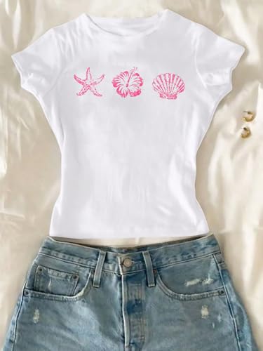 Image of RoseSeek Girl's Floral Graphic Crop Tops Tees Short Sleeve Crewneck Cute Slim Fit T Shirt Summer Tops