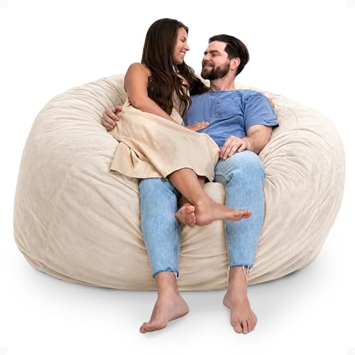 Image of Ultimate Sack 6000 6-Foot Bean Bag Chair, Ivory Fur Cover - Oversized Foam Lounger, Floor Seat, Small Sofa, or Couch Bed for Living Area, Gaming Room, or Reading Lounge