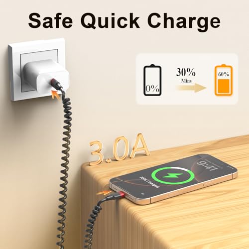 Coiled USB C à USB C Câble, 2 Cord de jeu de voiture Tepy C rétractable, enroulé USBC Câble automatique Android pour Galaxy S24/S23/S22, iPhone 15/16, Pixel 8, Une Plus 12, Moto G8 et CarPlay