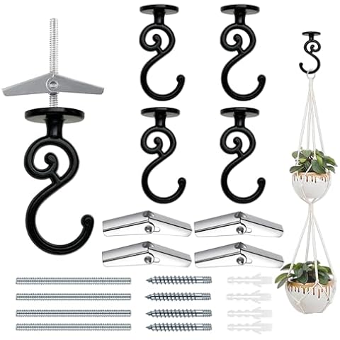 Evsteluo S-Shaped Heavy Duty Ceiling Hook,for Wood, Concrete & Drywall, for Hanging Home Decor, Plants, and More, 40lb Max Load (4, Black) Cover