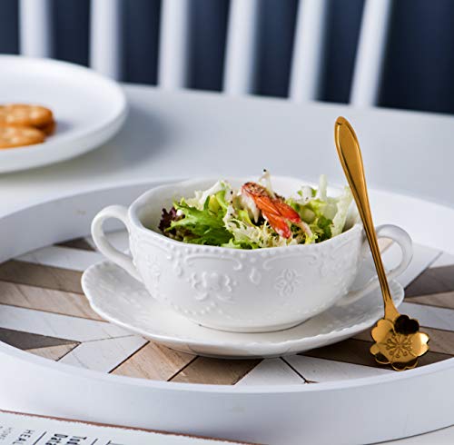 Jusalpha White Embossed Ceramic Bowl With Double Handles and Saucer - Dessert/Soup/Cereal (10 OZ) (1 Set) by Jusalpha - Image 3