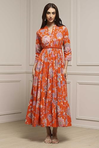 Image of Biba Women's Cotton 3 /4 Sleeves Calf Length Band Collar A-Line Floral Printed Casual Dress