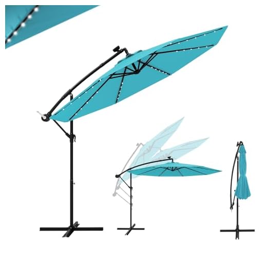 GOPLUS 3M Parasol Déporté avec Lumière LED, Parasol de Jardin Extérieur 8 Baleines avec Base Croisée, Grand Parasol Inclinable 35° avec Manivelle pour Patio Terrasse Marché (Turquoise)