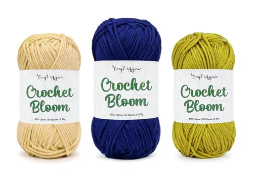 Image of Craft Affair | Crochet Bloom Cotton Yarn 8ply (Each Color 2mm, 77Meter, 50Gram) 100% Pure Cotton | for Knitting Yarn | Craft & DIY Project: Beige, Royel Blue, Yellow Orchid