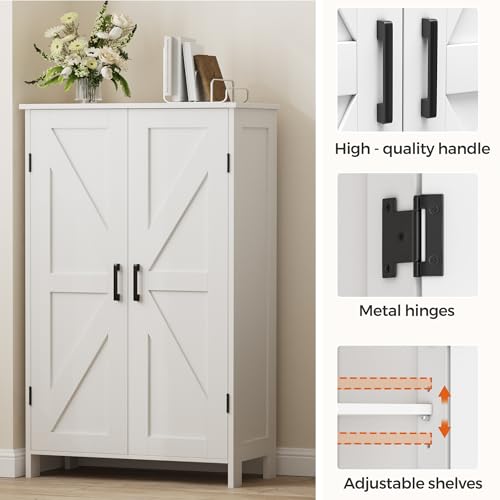 Homleke Farmhouse Bathroom Cabinet with Adjustable Shelves, Free-Standing Storage Cabinet with Barn Doors, for Kitchen, Living Room, Dining Room, Entryway, White