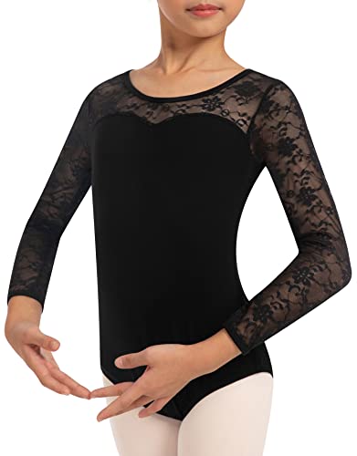 DANSHOW Mädchen Spitze Ballett Trikot für Tanz Langarm, Kleinkind Wassertropfen Hollow Back Gymnastik Trikot Tanzkleidung(XJ60368-06-XL)