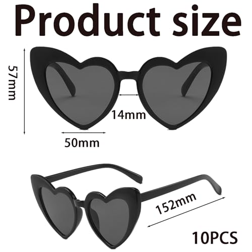 10 Pcs Black Heart Shaped Sunglasses - Vintage Fashion Retro Eyeglasses for Women & Girls - Party & Outdoor