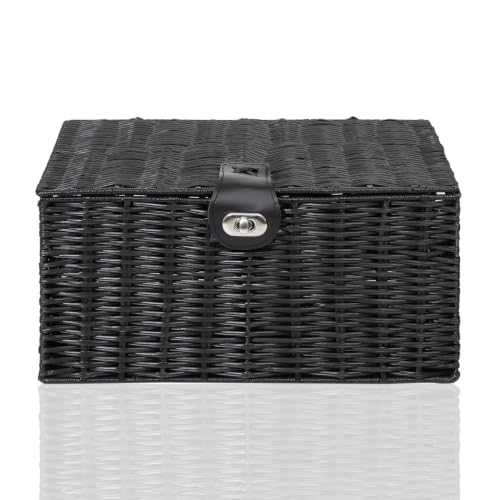 Image of ARPAN Resin Woven Storage Basket Box with Lid & Lock, Black, 1, Medium