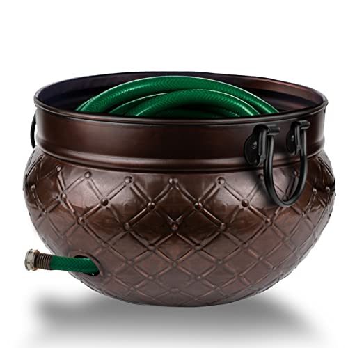 Heavy Duty Garden Hose Storage Pot with Copper Accents | 16 x 12 Inches | Holds 150 ft Hose | Outdoor and Indoor Use