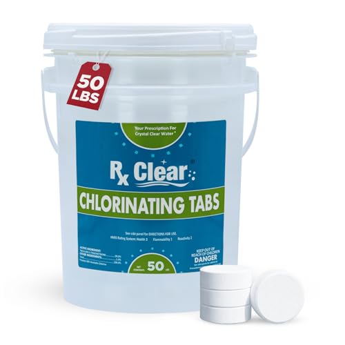 Rx Clear 3' Inch Chlorine Tabs | 50 Pounds | Individual Stabilized Chlorinating Tablets for Sanitizing Swimming Pools | Long Lasting, Slow Dissolving, and UV Protected