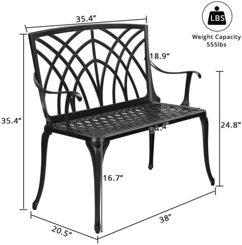 38" Outdoor Garden Bench, Patio Furniture Outdoor Chair with Aluminum Frame, Weather Proof Patio Park Bench with Orchid Backrest for Park, Porch, Pool, Backyard