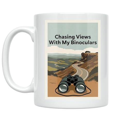 Scenic Overlook Lover Coffee Mug - Chasing Views With My Binoculars - 11 oz White Ceramic - Adventure Inspired Design