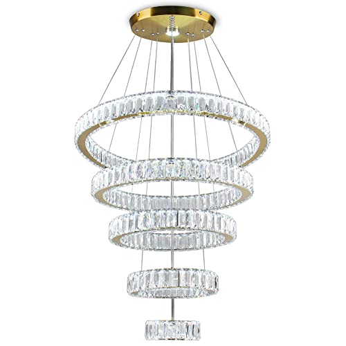 Dixun Led Crystal Chandeliers, Modern 5 Rings Pendant Light Titanium Gold Stainless Steel Height Adjustable Ceiling Light For Bedroom Dinning Room Kitchen (Cool White) #TOP4
