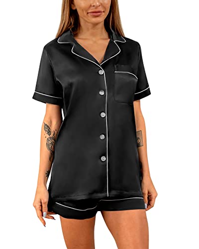 Image of YIMANIE Womens Pajamas Silk Satin Pajama Sets for Women Soft Button Down Womens Loungewear Set with Pockets